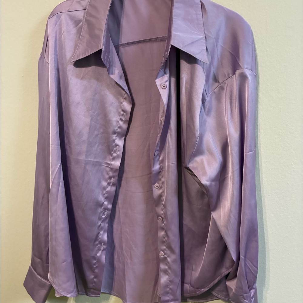Lavender Satin-Like Button-Up Shirt